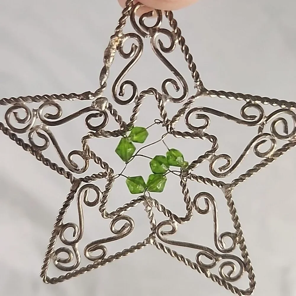 See Through Star Christmas Ornament 3D Metal Brass Color With Iridescent Beads
